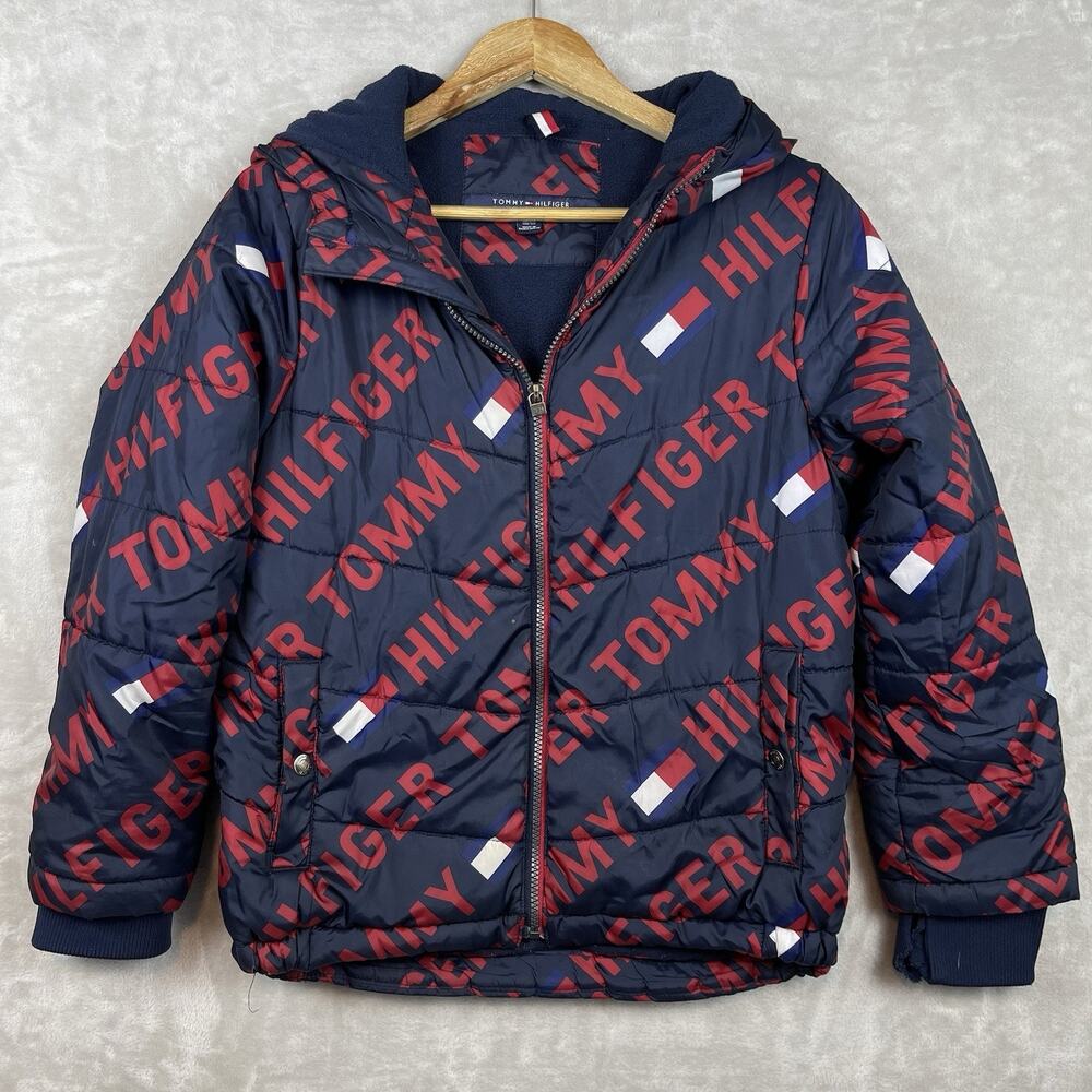 Tommy Hilfiger Boys Puffer Jackey M 10/12 Logo Hooded Jacket Americana *FLAW*